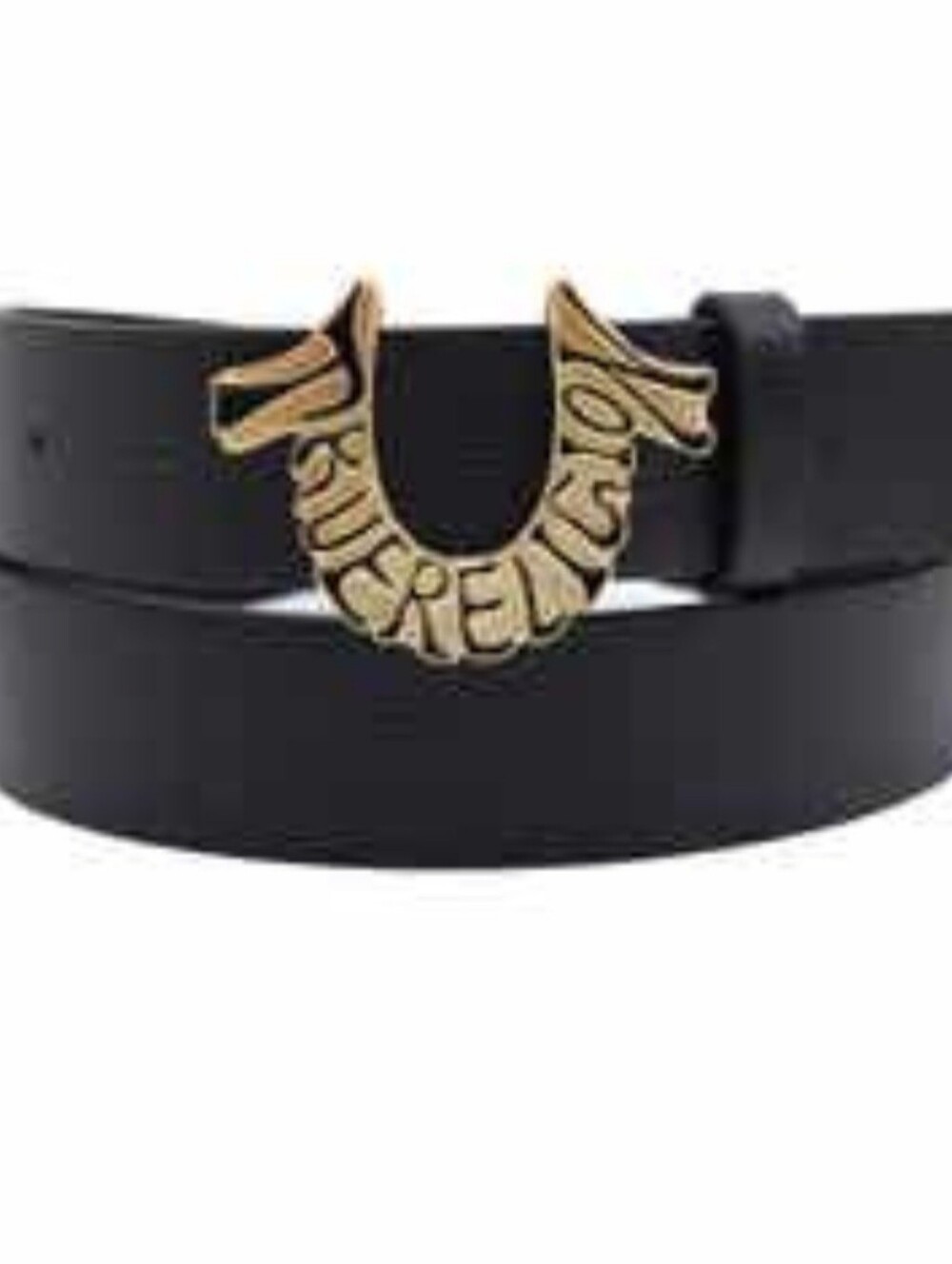 True Religion Black Leather Belt with Gold & Black Horseshoe Buckle